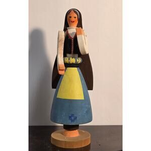Vintage Portuguese Folk Art Wooden Figure Hand Painted Woman Sculpture 7.5”